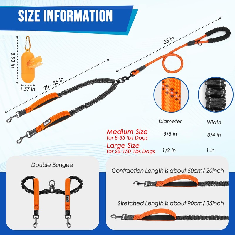 Lukovee Double Dog Leash, No Tangle 360° Swivel Heavy Duty