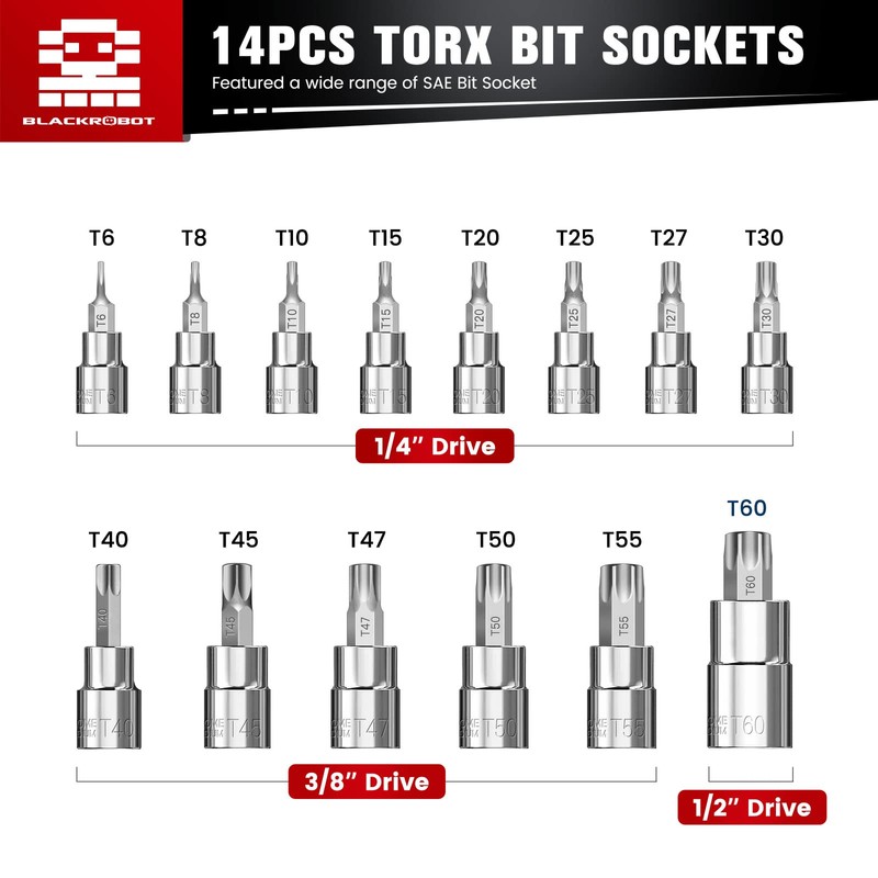 Torx Bit Socket Set, 14-Piece Star T6 - T60 Set,