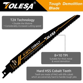 TOLESA Metal Wood Demolition Reciprocating Saw Blades 225mm 8+10TPI Sawzall Blades for Steel Pipe Cutting, Drywall, Chipboard, Glass Fiber-Reinforce Plastic and Composite Materials Demolition 5 Pack