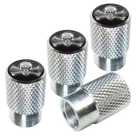 TRICKTOPPERS Polished Silver Billet Knurled Aluminum Tire Wheel Valve Stem Dust Caps for Cars Trucks Trailers SUV's RV's Motorcycles Bikes (Set of 4) Skull and Crossbones Grey On Black