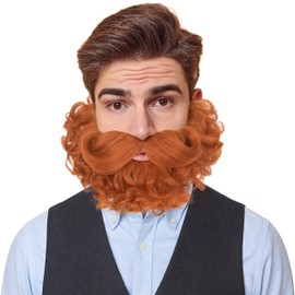 Yan Dream Men Short Auburn Curly Fake Beard Classic Full Fake Beard and Mustache Cosplay Costume Accessory
