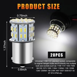 Gasedin 20 PCS 1156 Car LED Bulb, 1141 1003 1156 7506 BA15S High Brightness LED Bulbs Replacement, 12 Volt Bulb for RV Camper Trailer Boat Trunk Interior Lights, Car Accessories (White)