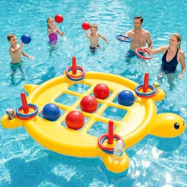 2 in 1 Pool Toys Games Set Inflatable Tic Tac Toe with 10 Balls & 10 Rings for Adults Teens Kids, Giant Floating Tic-Tac-Toe with Cup Holder Ring Toss Large Outdoor Yard Game Tabletop Billiards & Pool