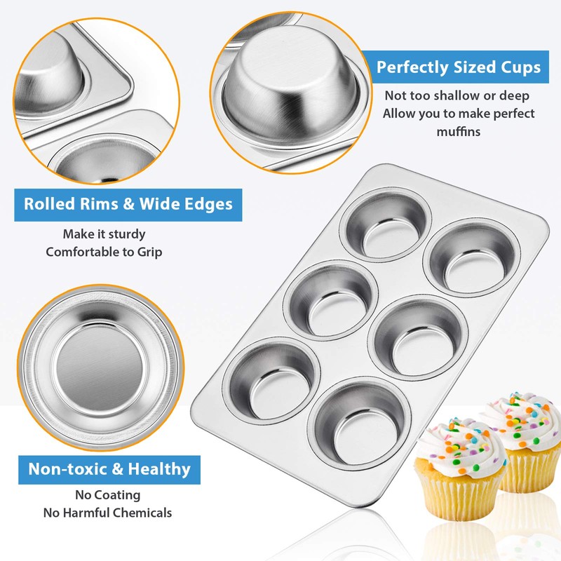 Stainless Steel Muffin Pan, E-far 6-Cup Cupcake Pan Tin for