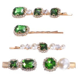 Frcolor Hair Pins, Rhinestones, Hair Clips, Pearl, Sleep-On, Bangs, Hair Accessories, Stylish, Set of 5 (Green 2)