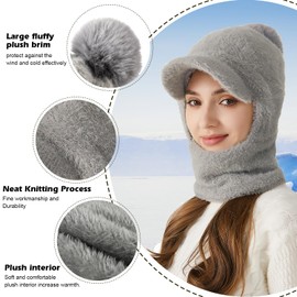 TAGVO Winter Knitted Beanie Hats for Women Girls, One Piece Warm Hooded Scarf Hat, Soft Thick Fleece Lined Balaclava Face Mask, Windproof Neck Warmer and Ear Protection Cap for Outdoor Sports Grey