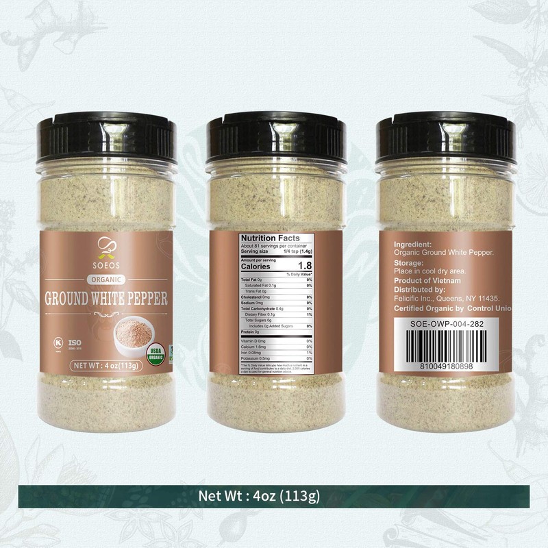 Soeos Organic White Pepper Ground Fine 4oz (113g), Non-GMO, Organic,