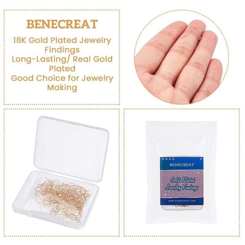 BENECREAT 100pcs 18K Gold Plated French Earring Hooks with Loop