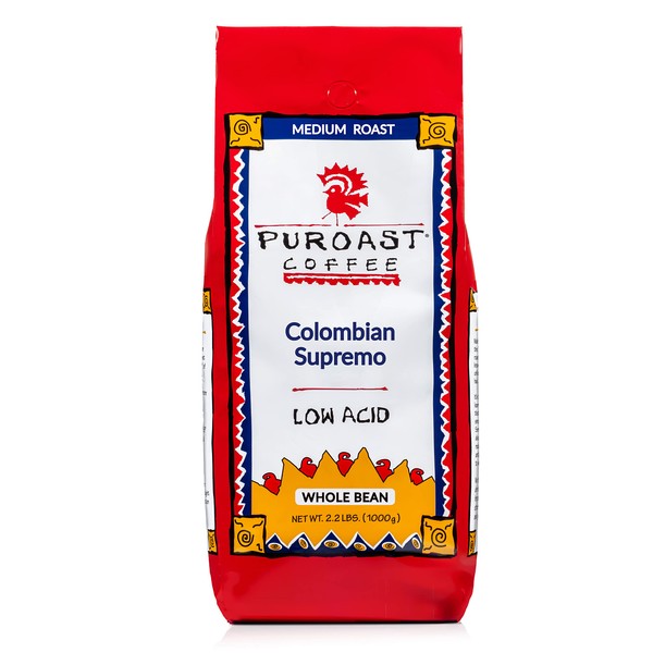 Puroast Low Acid Whole Bean Coffee, Premium Colombian Supremo Blend, High Antioxidant, 2.2 Pound Bag, 1000g
