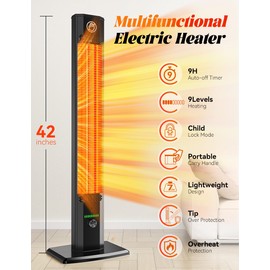 BALKO 42INCH Outdoor Heater, 9 Heat Levels & 540Min Timer, Child Safety Lock, IP65 Waterproof Garage Heater, 1500W Infrared Heating,Tip-Over & Overheat Protection, Patio Heaters for Outdoor Use Indoor