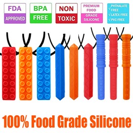Sensory Chew Necklace by GNAWRISHING 9-Pack(3-Pack Blocks 3-Pack Cylinder and 3-Pack Rhombus Blocks) - Perfect for Autistic, ADHD, SPD, Occral Motor Boys and Girls (Tough, Long-Lasting)