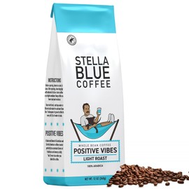 Stella Blue Fresh Whole Bean Coffee - Positive Vibes Blend - 100% Arabica LIGHT Roast - Ethically & Sustainably Sourced from Central America - Helps Support PAWS Chicago - 12 ounce Bag