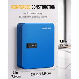 Uniclife 28 Keys Steel Key Cabinet with Resettable Code Blue Wall Mounted Key Organizer with Combination Lock Digital Security Box with Hooks and Large Key Tag Labels Identifiers in 5 Assorted Colors