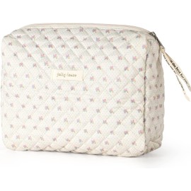 Cotton Makeup Bag, Kawaii Floral Cosmetic Bag Large Travel Toiletry Bag, Quilted Cosmetic Pouch for Women (Beige)