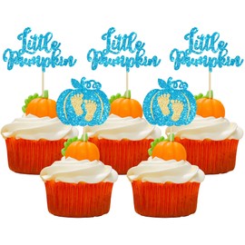 24 piezas de decoración para cupcakes de calabaza con purpurina, diseño de calabaza, decoración de baby shower, decoración de cosecha de otoño, baby shower, suministros para fiestas de cumpleaños para niños, color azul