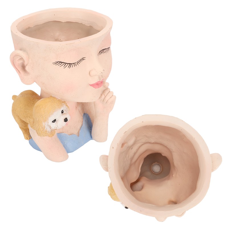 Flower Pot Girl and Dog Cute Style Bottom Drainage Hole