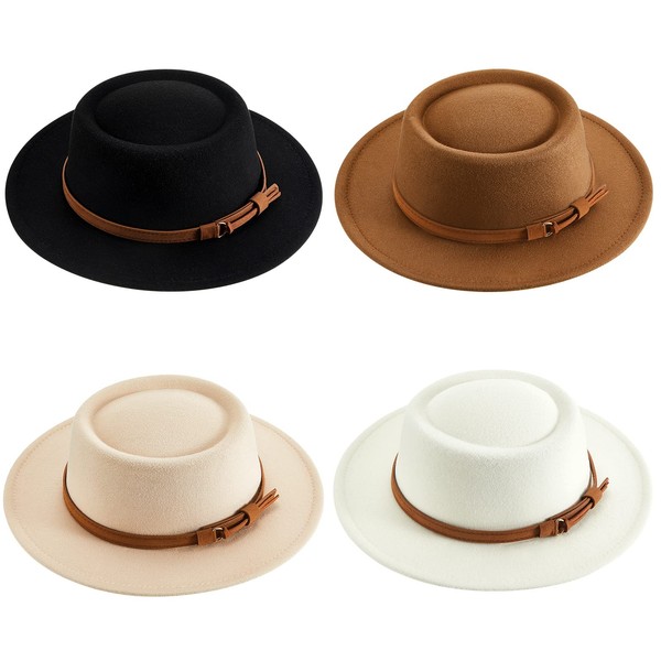 4 Pcs Hats for Women Vintage Wool Hat Felt Boho Pork Pie Hat with Belt Panama Hat Jazz Hat (Beige, Khaki, Camel, Black)