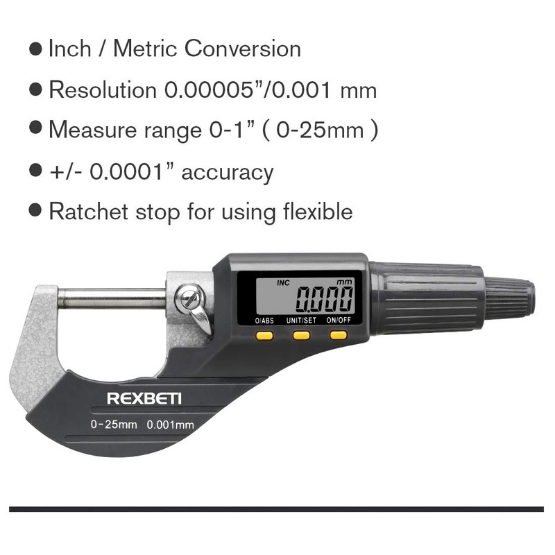 REXBETI Digital Micrometer, Professional Inch/Metric Measuring Tools 0.00005"/0.001 mm Resolution