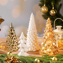 4 Pack Christmas Tree Table Decoration Gold Glass Ceramic Glitter Xmas Pine Tree Figurine White Resin Tabletop Decoration for Christmas Winter Table Centerpiece Mantle Shelf Decor