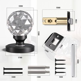 Bwintech 1 Pair Solid Crystal Black Door Knobs, 65mm Palace Style Crystal Internal Door Handle with Latch and DIY Screw Kit for Passage, Bedroom, Hallway