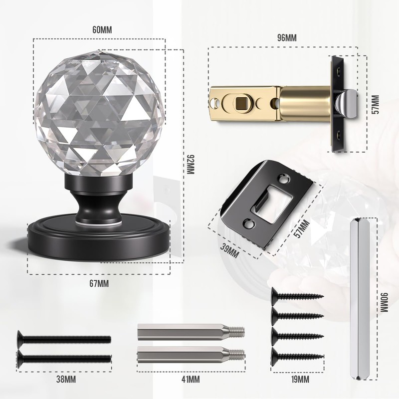 Bwintech 1 Pair Solid Crystal Black Door Knobs, 65mm Palace