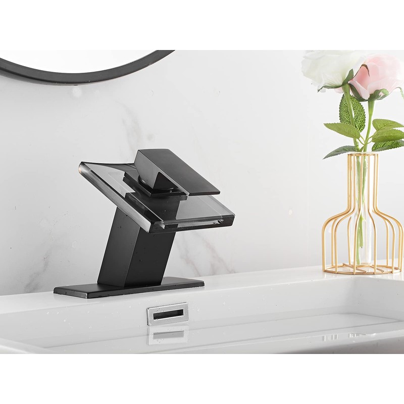 Bathroom Faucet Black Waterfall Glass Spout Single Handle One Hole