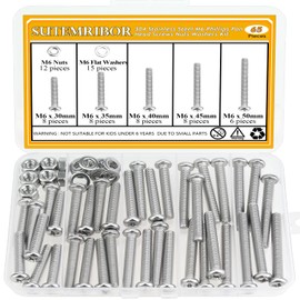 65 Pieces M6 x 30/25/40/45/50mm Machine Screws Nuts Washers Set, Sutemribor M6 Long Screws, M6 Phillips Pan Head Machine Screws Nuts Washers Assortment Kit, 304 Stainless Steel, Fully Threaded