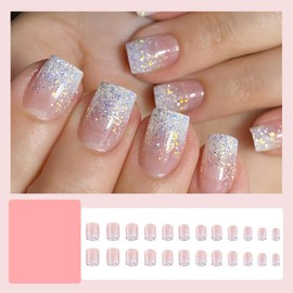 24 Pcs White Glitter French Tips Press-on Nails: Glossy Gold, Silver, Sparkly Acrylic, Reusable Glue-on Nails with Gradient Design