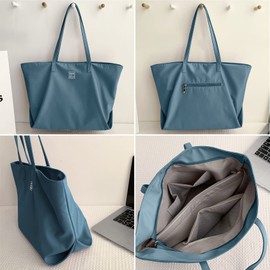 MAYMOONER Women Nylon Tote Bag Stylish Handbag Large Casual Shoulder Bag with Zip Inner Pocket for School Work Travel Color Blue