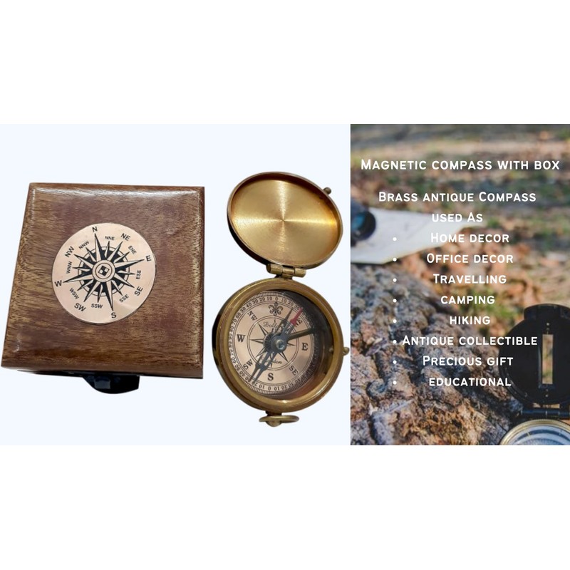 Antique Brass Compass Functional Direction Sailor Article Brown Wood Royal