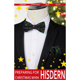 HISDERN Christmas Ties for Men Xmas Tree Mens Bow Ties & Pocket Square Set Pretied Black Bowtie Funny Holiday Festival Clip On Bow with present Box
