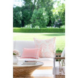 Hofdeco Premium Coastal Patio Indoor Outdoor Lumbar Pillow Cover Only, 12"x20" Water Repellent for Backyard, Couch, Blush Pink Embroidered Line Frame