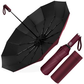 Windproof Umbrella Automatic Open and Close for Men and Women, Compact, 12 Bone Umbrella, Large, Diameter 105 cm, red