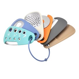 Portable Kitchen Gadget 6 Pieces, Space Saving Kitchen Accessories with a Combination Buckle, Cheese Grater, Bottle Opener, Peeler, Pizza Cutter, Garlic Grinder, Stainless Steel Camping Accessories