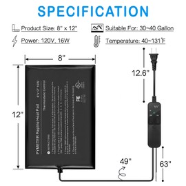 Pymeter Reptile Heating Pad with PID Thermostat & Timer 8"x12" Terrarium Under Tank Heater for Hermit Crab/Snake/Turtle/Lizard/Frog/Spider, and Other Reptiles