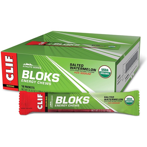 CLIF BLOKS - Energy Chews - Salted Watermelon -Non-GMO - Plant Based Food - Fast Fuel for Cycling and Running -Workout Snack (2.1 Ounce Packet, 18 Count)