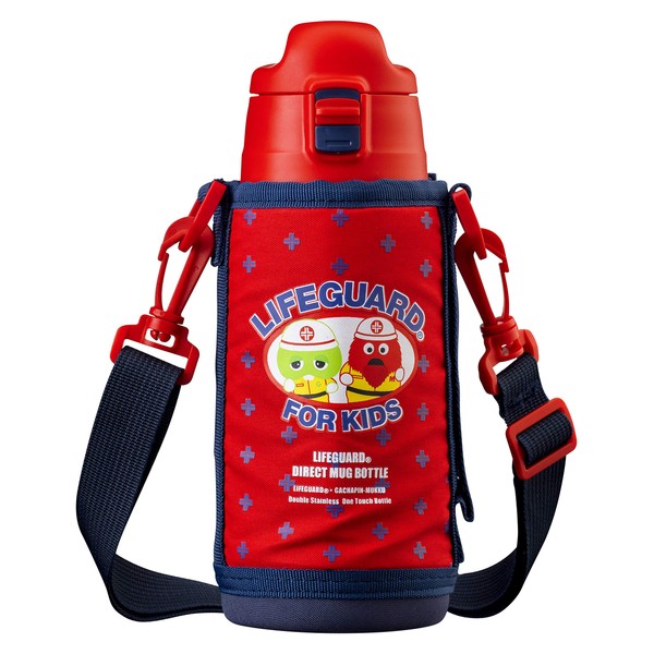 Atlas LGNW-600RD Lifeguard for Kids Lightweight 2-Way Water Bottle (Direct, With Cup), 20.3 fl oz (600 ml) Bottle, Pouch Included, Red, Vacuum, Insulated, Double Wall Construction, Double Stainless Steel, Gachapin and Mukku