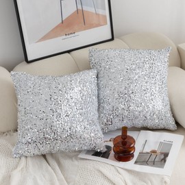LIGICKY Set of 2 Silver White Glitzy Sequin Throw Pillow Covers Sparkling Decorative Gilter metallic Square Cushion Cover Glam Pillow Cases for Sofa Couch Bedroom Home Party Decor (18 x 18 Inches)