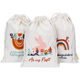 Papierdrachen 3 Linen Bags with Embroidery - Easter Packaging Gift Packaging Table Decoration - Fabric Bags for Easter - Boho - 20 x 30 cm - Set of 5