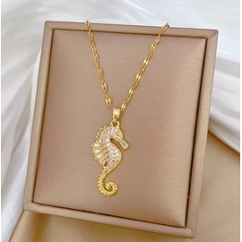 Ladies Decorative Marine Pendant Necklace for Women -18K Gold Plated Cubic Zircon Crystals - Ocean Inspired Elegance for Beach Weddings - Supplied with Jewellery Gift Box (Seahorse)