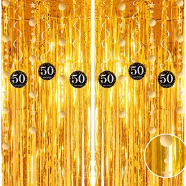 Gold 50th Birthday Decorations, Tinsel Foil Fringe Curtain & Hanging Swirls Party Decorations Set for Women 50th Birthday Party Hanging Banner Door Tinsel Curtain Streamers