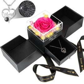 Regalos para Mamá de Hija e Hijo, Idea Única de Regalo de Cumpleaños de Madre, Rosas Reales Conservadas de Color Rosa Oscuro con I Love You en 100 Idiomas, Collar de Mamá, Regalo Fresco para Madre