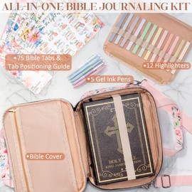 Bible Cover Case for Women, Large Bible Bag w/Shoulder Strap, Bible Study Supplies Journaling Kit Book Carrying Case with Pastel Highlighters 75 Tabs, Valentines Day Christian Gifts for Women Her Mom