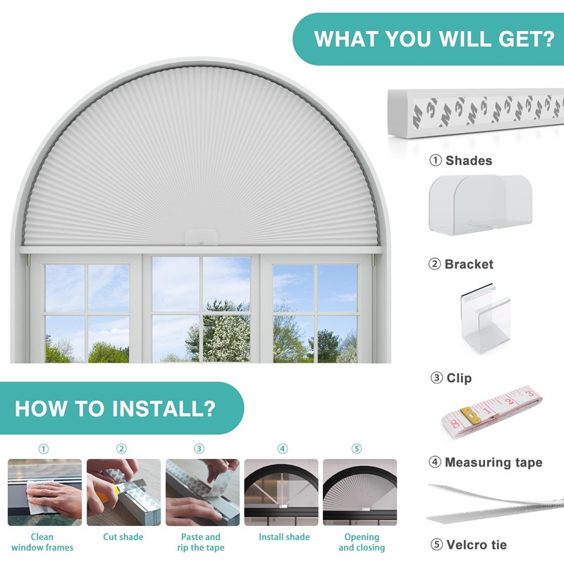 Changshade Arch Window Shades Blackout,Half Moon(Radius: 24") Blackout Pleated Window