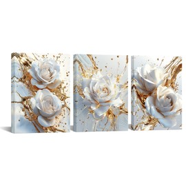 iKNOW FOTO 3 Pieces Gold and White Rose Canvas Wall Art Abstract Floral Prints for Bedroom Living Room Bathroom Hallway Modern Home Decoration Each 12x16 Inch