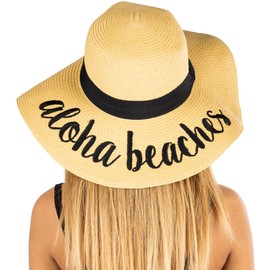 Funky Junque Women's Sun Hat Embroidered Sayings, Aloha Beaches, One Size