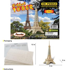 Puzzled 3D Puzzle Eiffel Tower - Wood Craft Construction Model Kit - Fun & Educational DIY Wooden Toy Assemble Model Unfinished Crafting Hobby Puzzle to Build & Paint for Decoration - 21 Pieces Pack