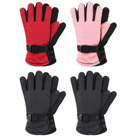 Hicarer 4 Pairs Winter Gloves for Kids Waterproof Snow Ski Gloves Warm Unisex Camouflage Clothes for Cold Weather Girls Boys Children(Red, Pink, Black, Black,6-12 Years Old)