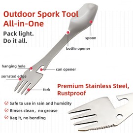 2pcs Spork 5-in-1 Multi-Tool – Stainless Steel Camping Cutlery (Black&Silver), Camping Spork with Travel Bag for Outdoor