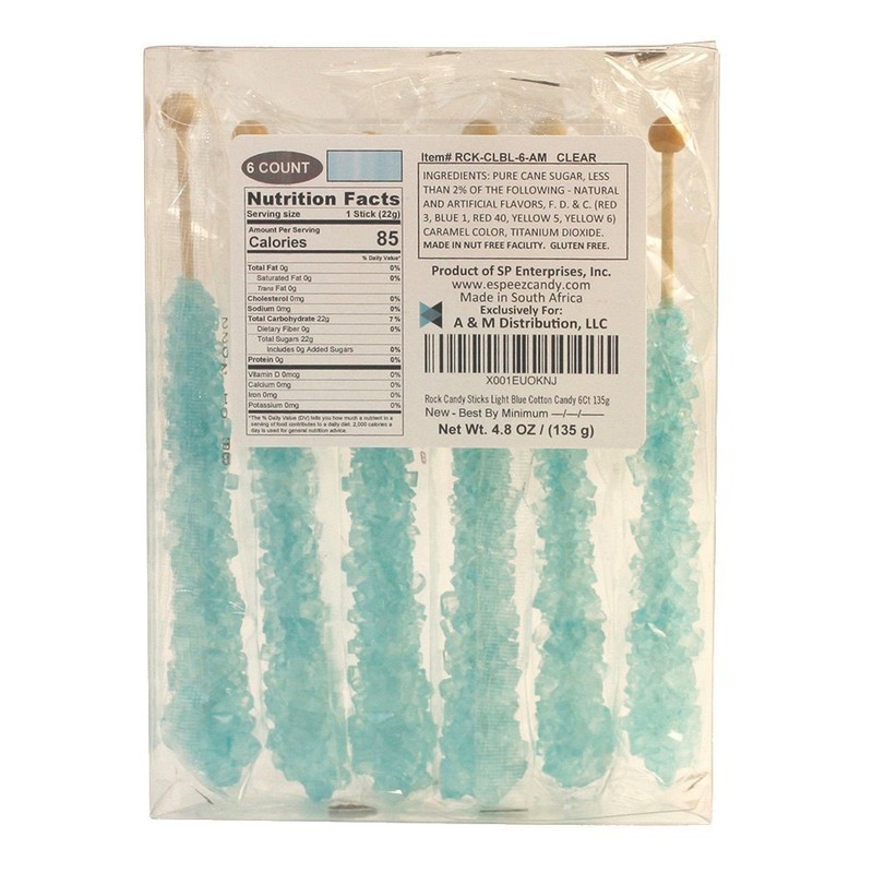 Extra Large Rock Candy Sticks: 6 Light Blue Cotton Candy